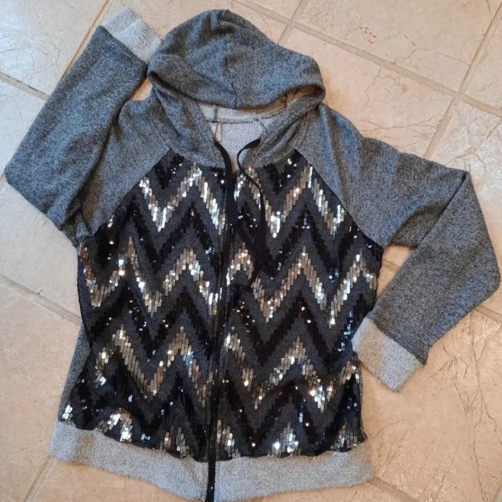 Sequin bling grey hoodie sweater L Vanity